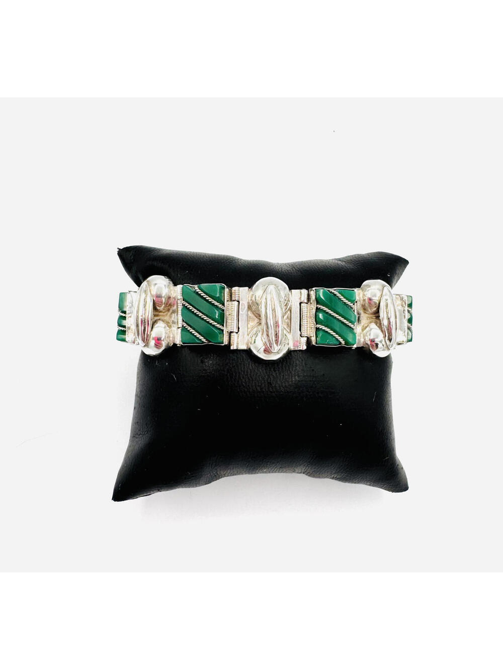 Vintage 1940's sterling silver green onyx twisted silver cord panel bracelet